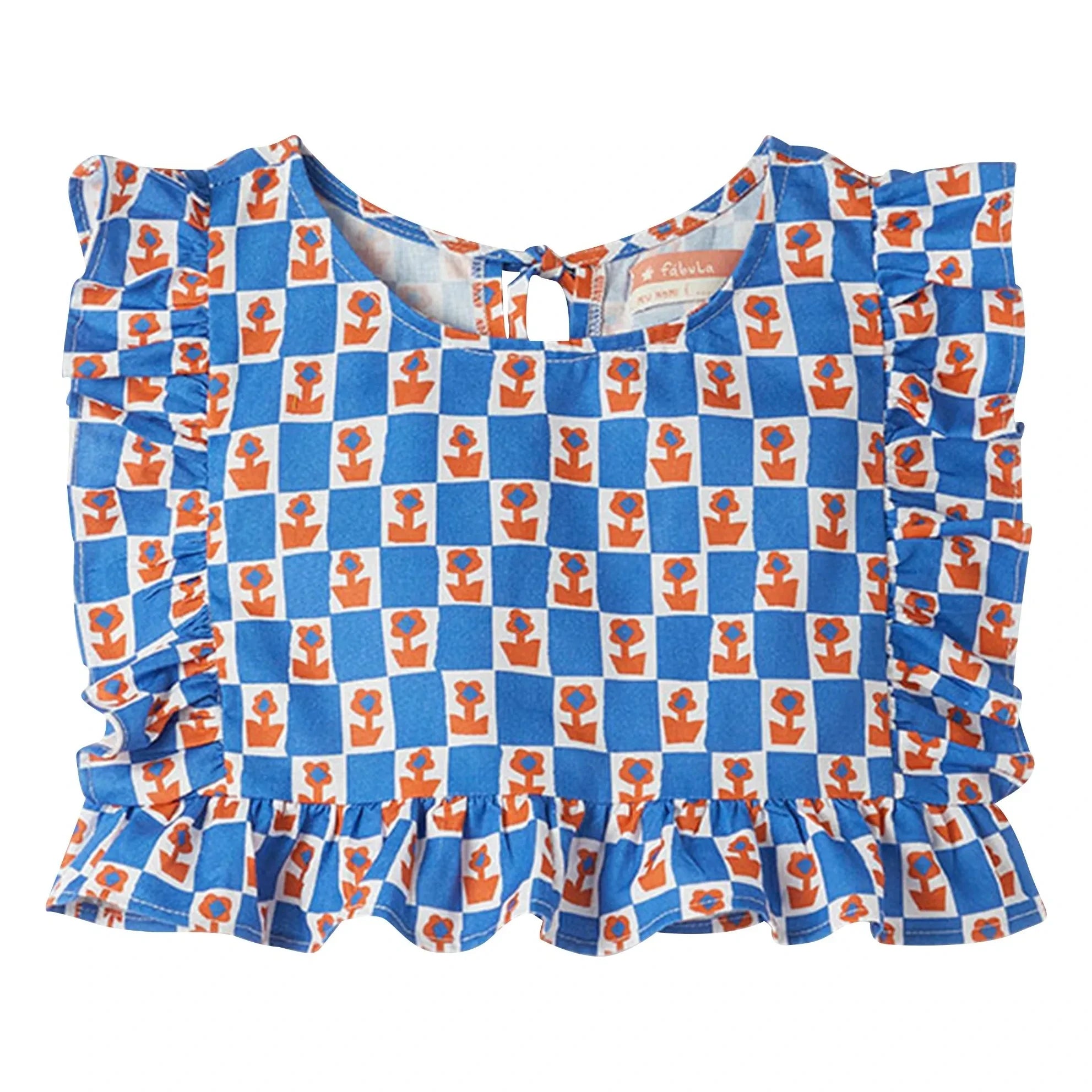 Fabula - Damier Flowers Volant-Oberteil | Blau
