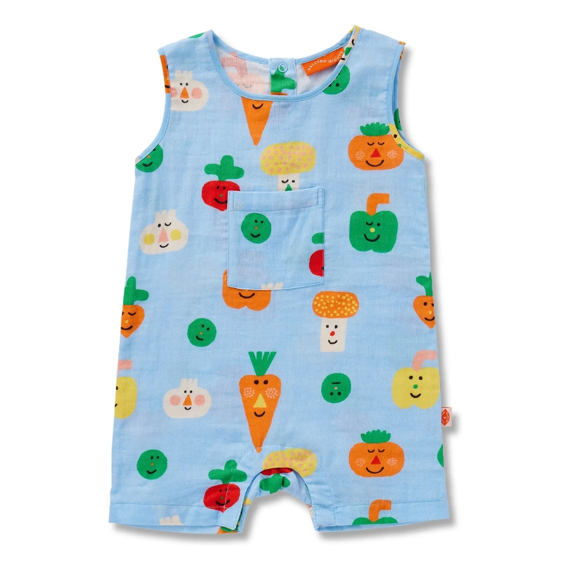 Halcyon Nights - Kurzer Overall mit Gemüsemuster | Hellblau