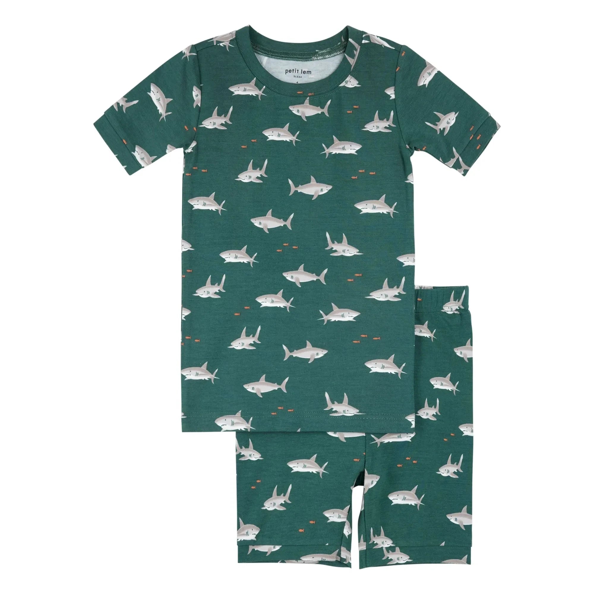 Petit Lem - Kurzer Pyjama mit Haifischmuster Bio-Baumwolle und Modal | Dunkelgrün