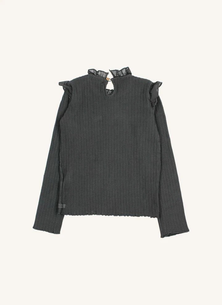 Búho - Geripptes T-Shirt mit Rüschen | Kohlegrau