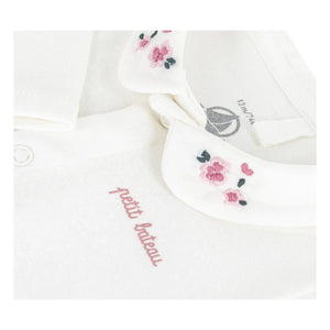 Petit Bateau - Bio-Baumwoll-Body mit Blumenstickerei am Kragen | Weiß