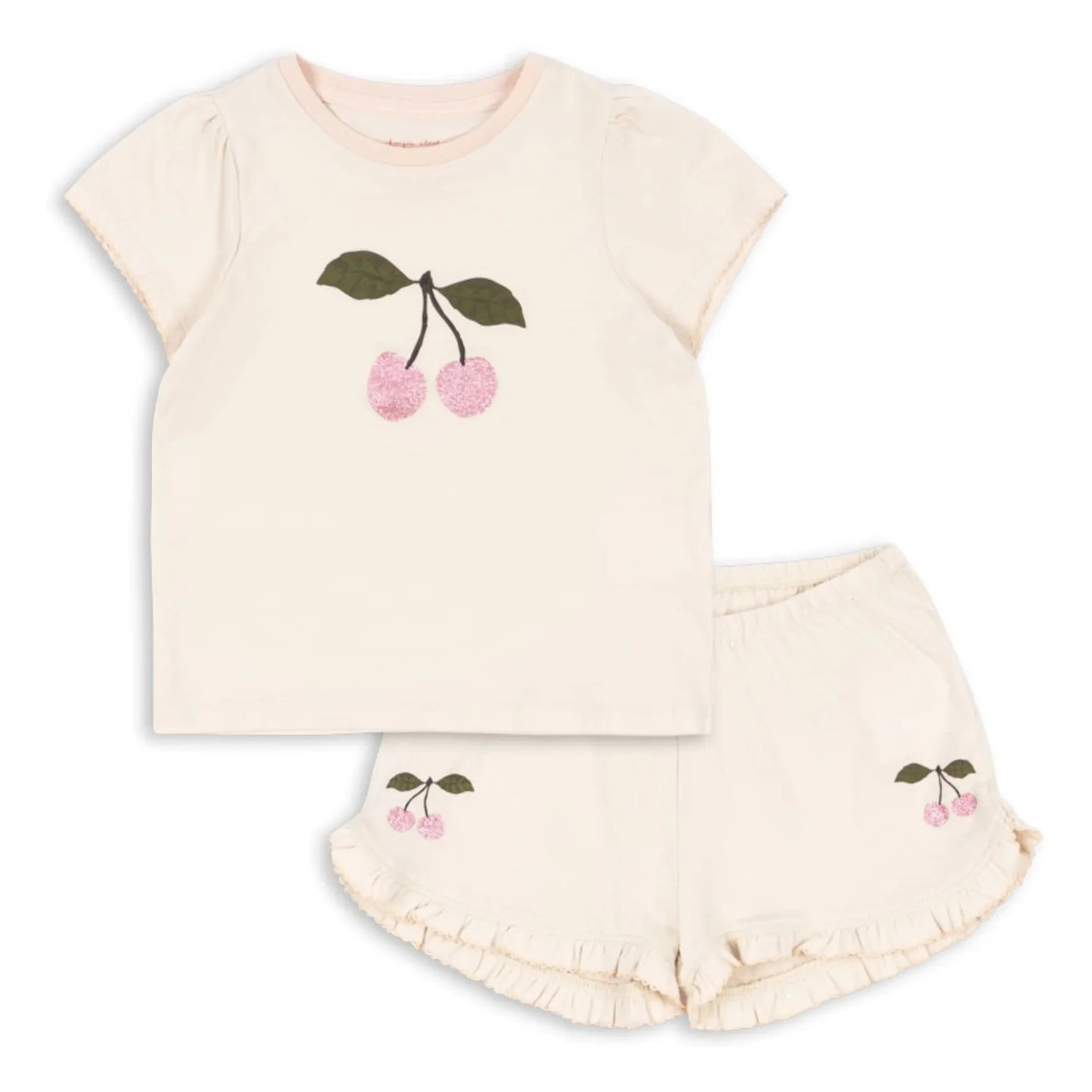 Konges Sløjd - Famo Cerises Set aus Bio-Baumwoll-T-Shirt und Volant-Shorts | Cremefarben
