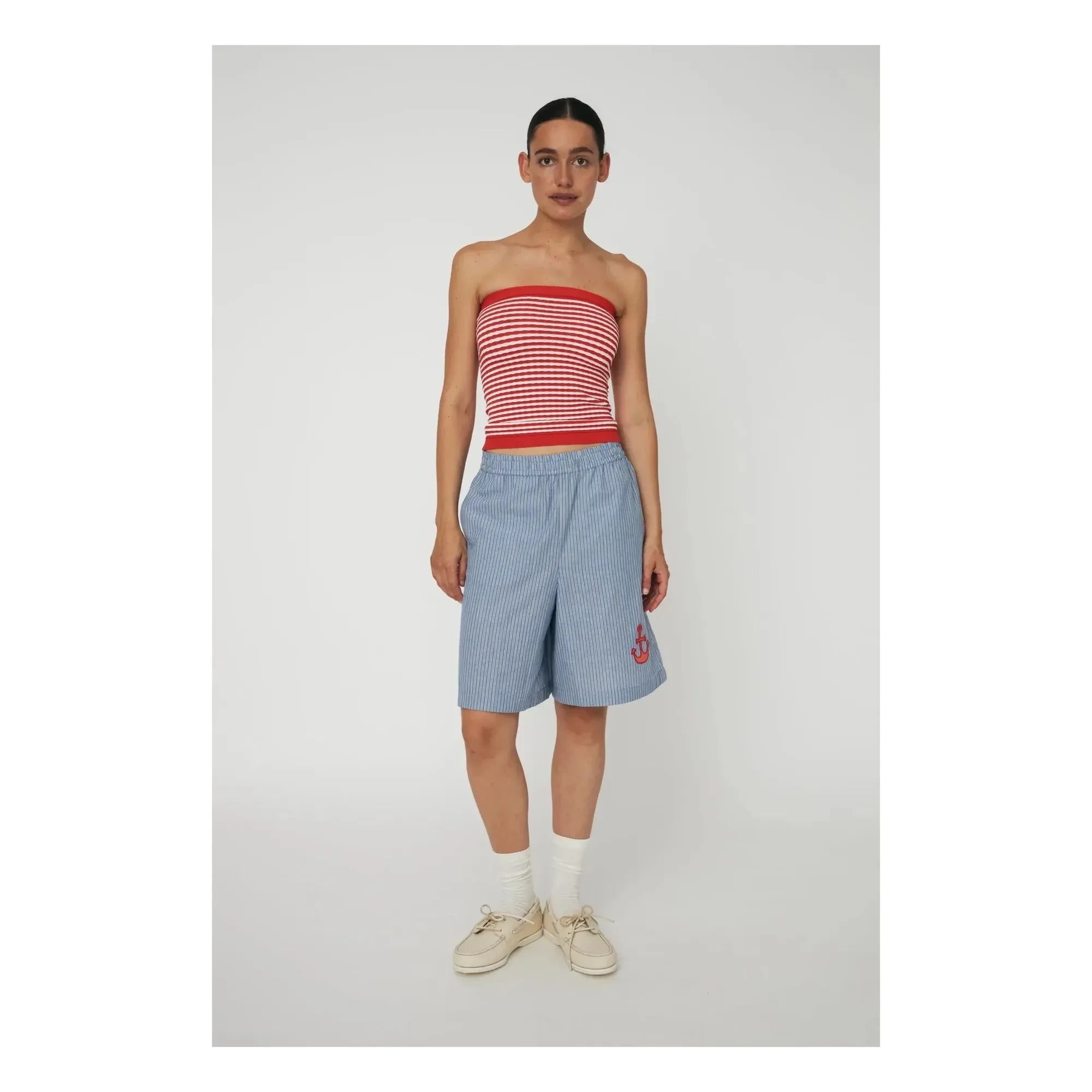 Stella Nova - Gestreifte Bestickte Bio-Baumwollshorts | Blau