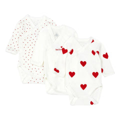 Petit Bateau - 3'lü Cœur Çapraz Askılı Organik Pamuk Tulum | Kırmızı