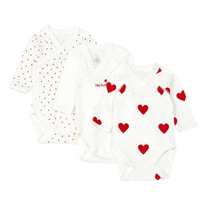 Petit Bateau - 3'lü Cœur Çapraz Askılı Organik Pamuk Tulum | Kırmızı