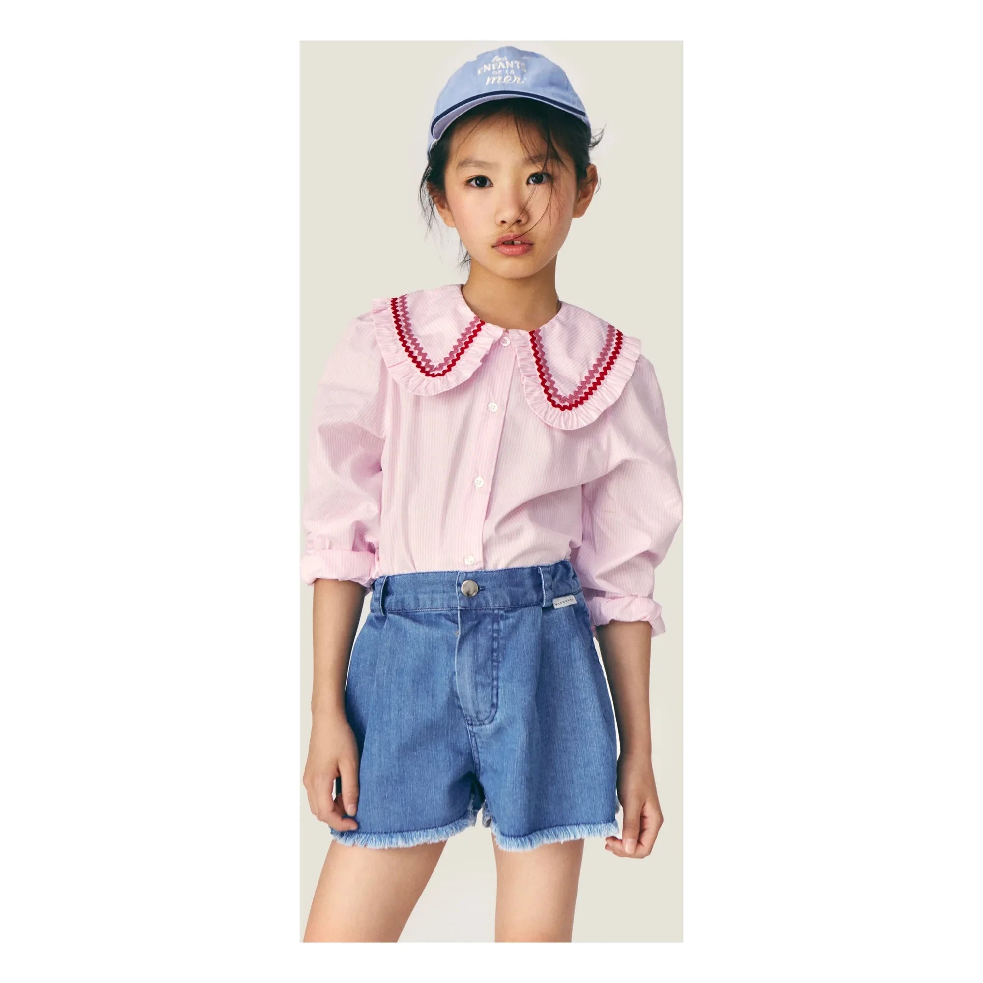 Mipounet - Nadine Gestreifte Bluse, Claudine Kragen | Hellrosa