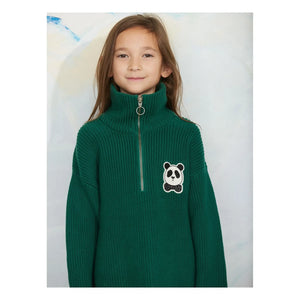 Mini Rodini - Panda Organik Pamuklu Fermuarlı Kazak | Yeşil