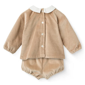 Copenhagen Colors - Organische Baumwollstrukturierte Samt-Bluse und Overall-Set | Beige
