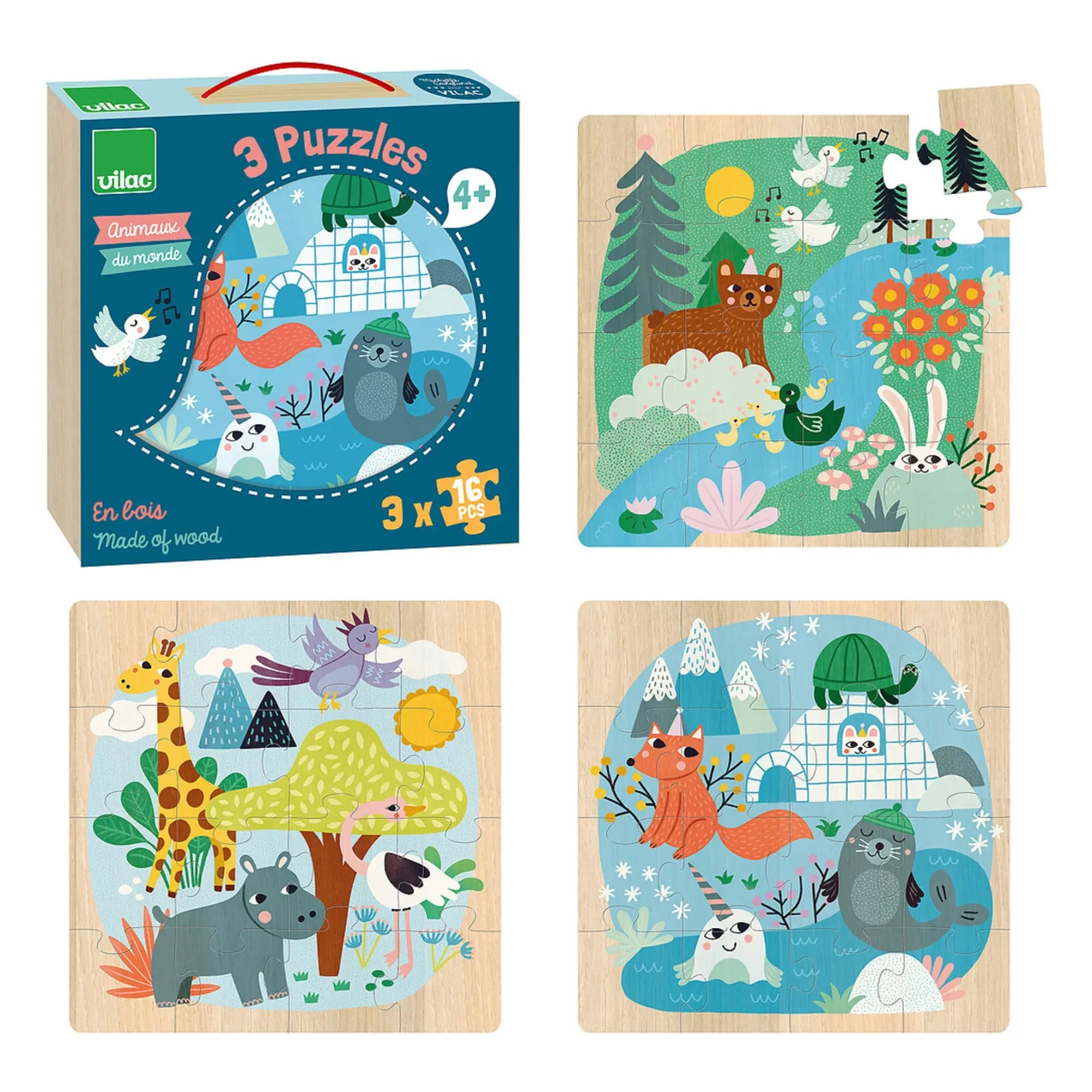 Vilac - Tiere der Welt 3-teiliges Puzzle-Set - 16 Teile