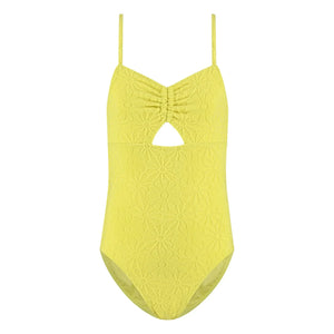 Beachlife - Strukturierter geraffter Badeanzug mit Blumenmuster | Gelb