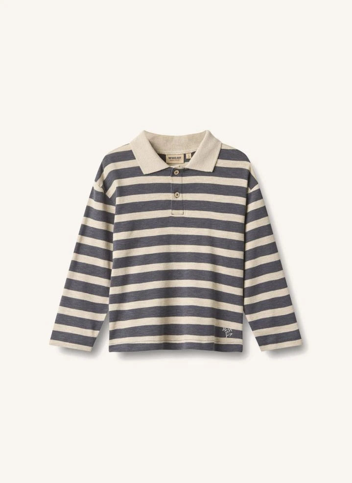 Wheat - Fred gestreiftes Bio-Baumwoll-Polohemd | Grau Blau