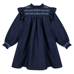 Bonton - Babouchka Pamuklu Chambray Fırfırlı Elbise | Koyu Mavi