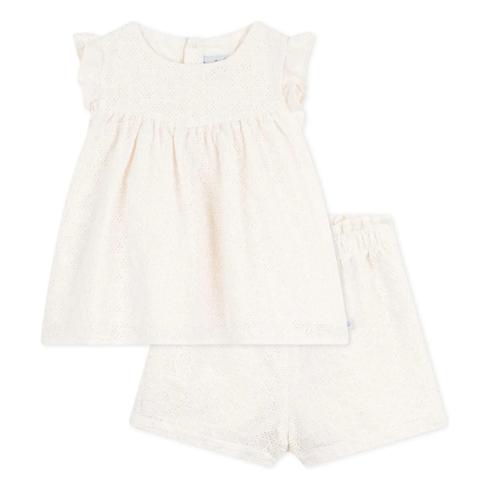 Petit Bateau – Bio-Baumwoll-Set aus Oberteil und Shorts mit Lochstickerei | Weiß