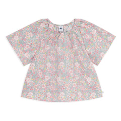 Petit Bateau - Baumwoll-Bluse mit Streifen und Blumen | Grau-Blau