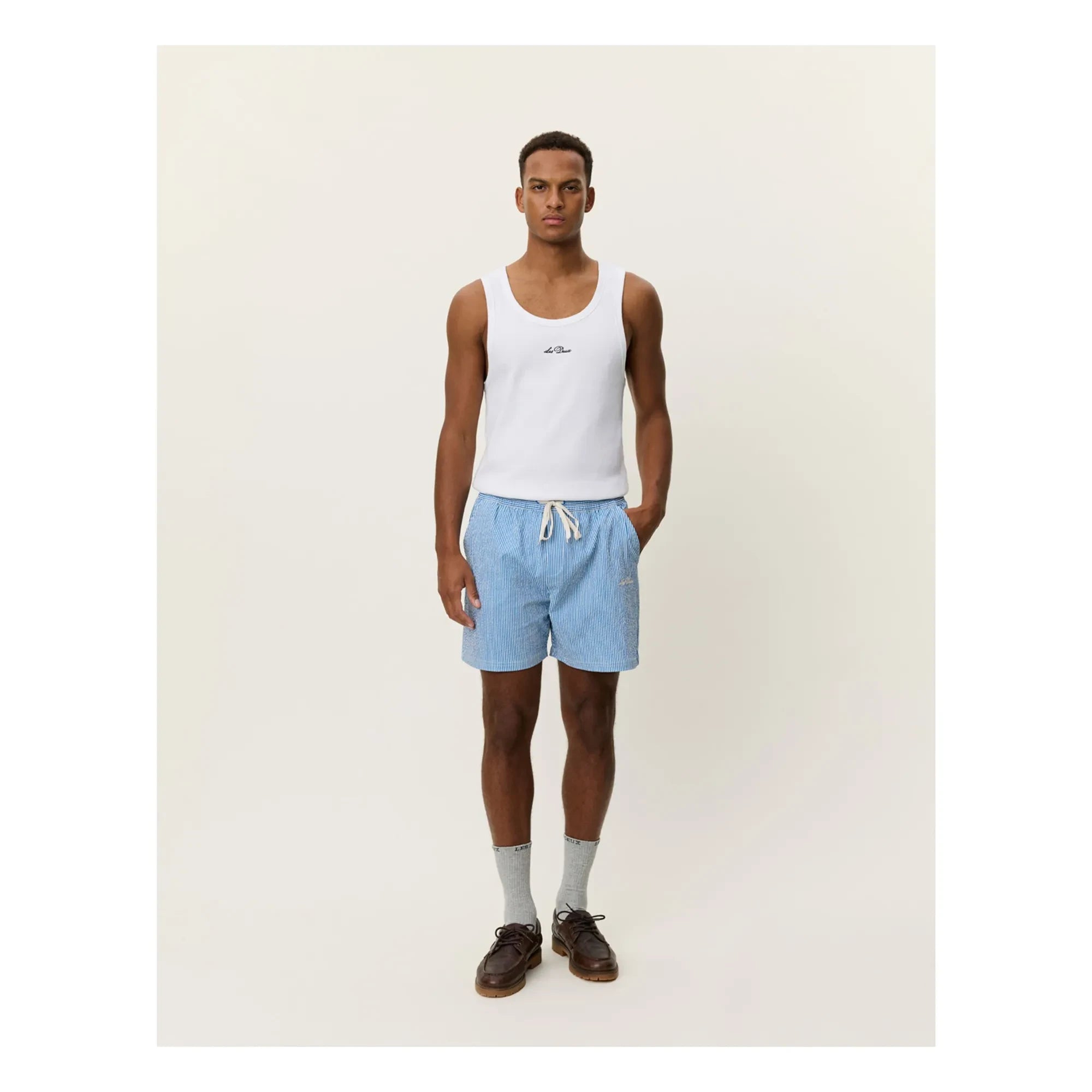 Les Deux - Stan Seersucker-gestreifte Badeshorts | Blau