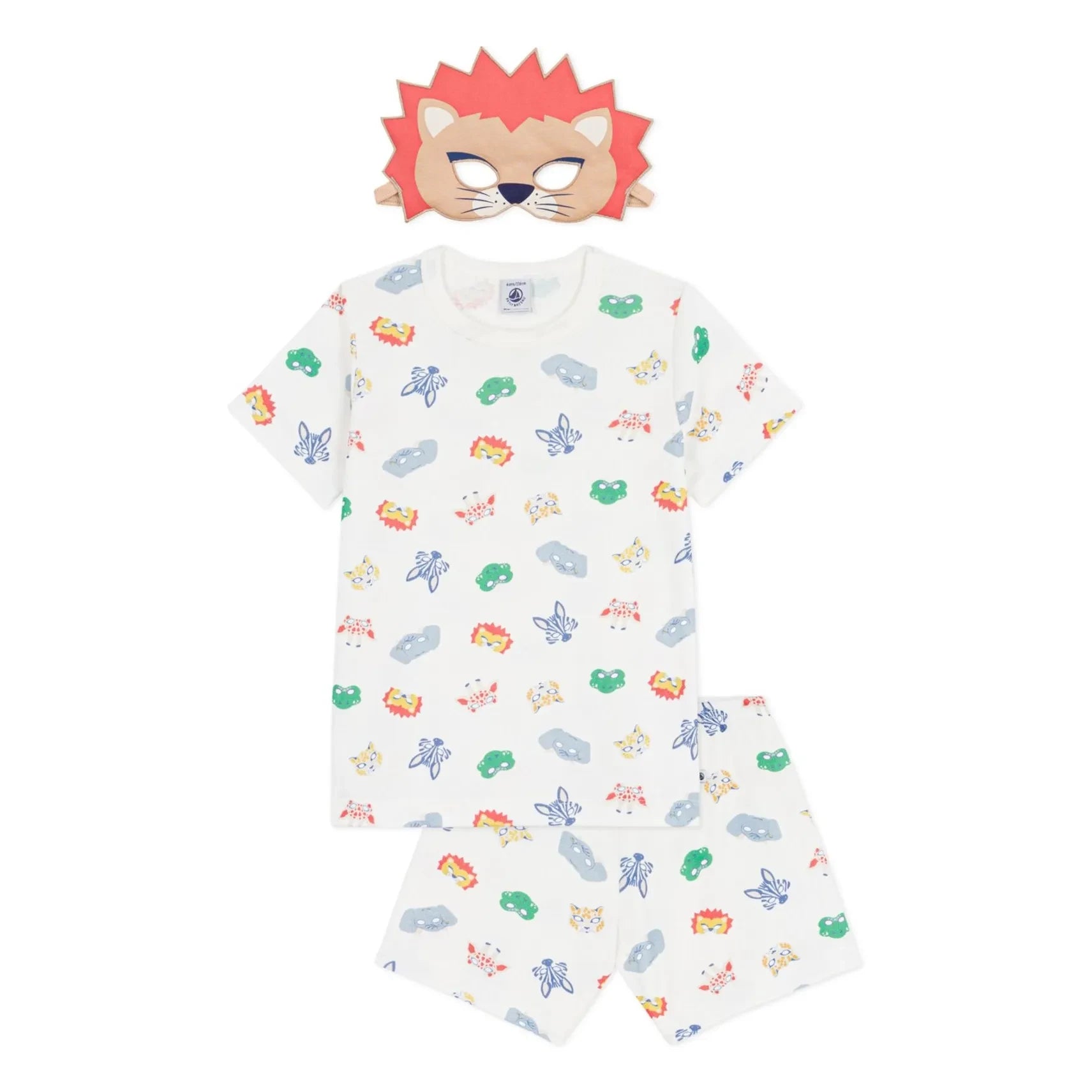 Petit Bateau – Schlafanzug aus Bio-Baumwolle mit Löwenmaske, kurze Form | Weiß