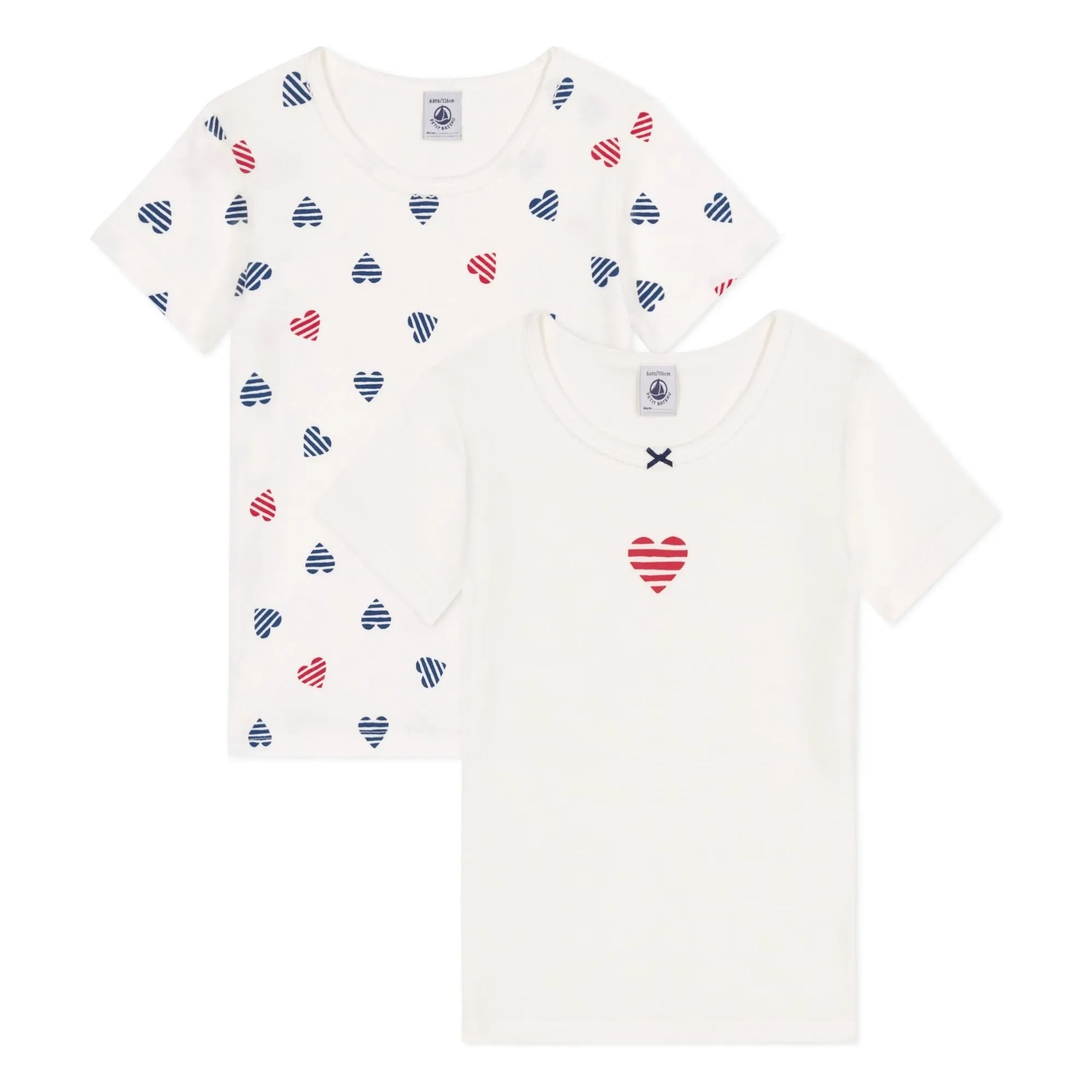 Petit Bateau - 2er Set Gestreifte Herz Bio-Baumwoll-T-Shirts | Weiß