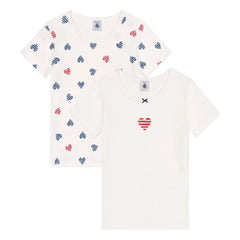 Petit Bateau - 2er Set Gestreifte Herz Bio-Baumwoll-T-Shirts | Weiß