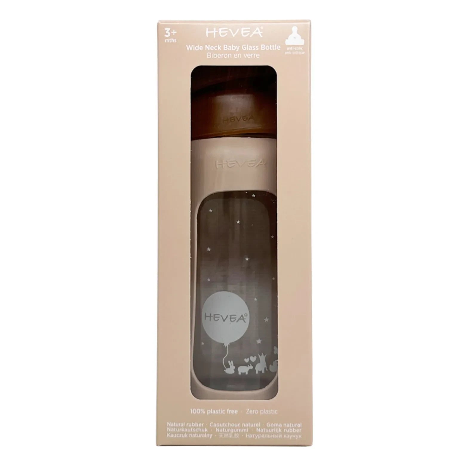Hevea - Weithals-Babyflasche aus Glas mit mittlerem Durchfluss und Schutzhülle | Sand