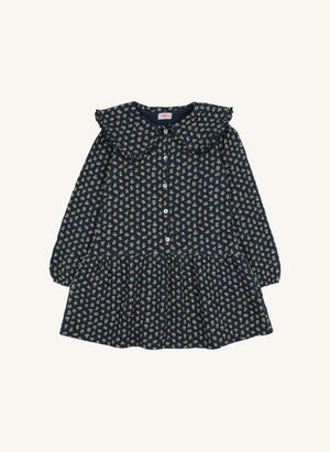 Búho - Organische Baumwolle Blüten Cottage Claudine Kragen Kleid | Marineblau