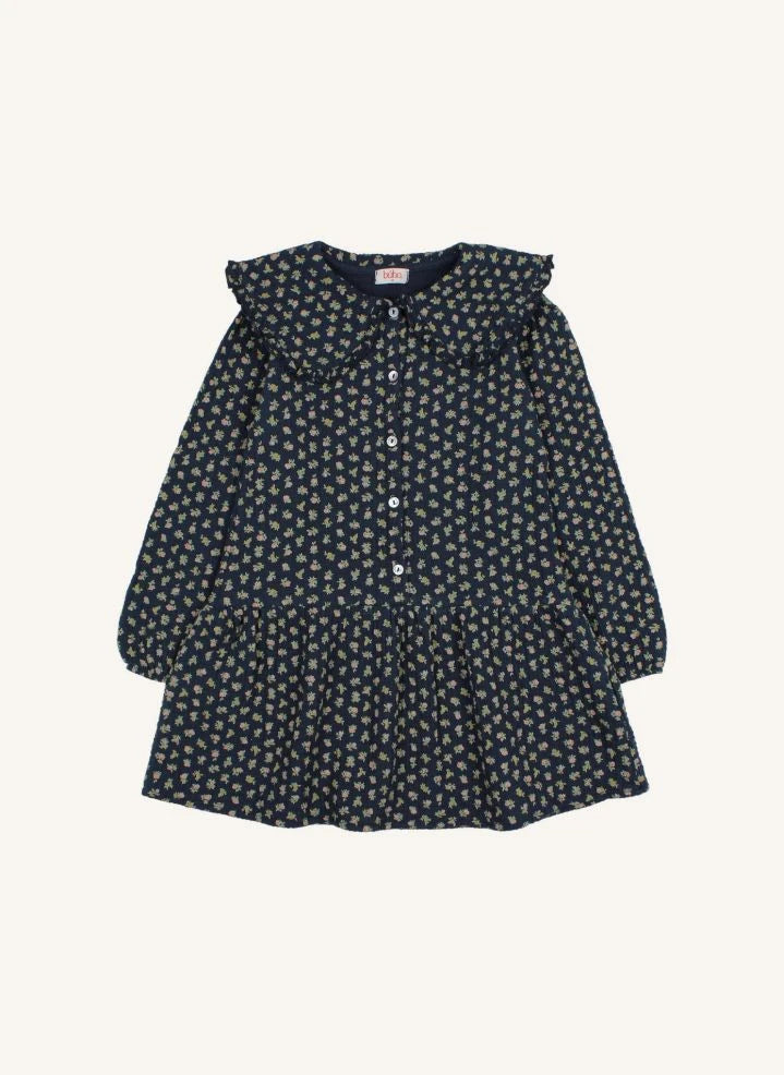 Búho - Organik Pamuk Çiçek Cottage Claudine Yaka Elbise | Lacivert