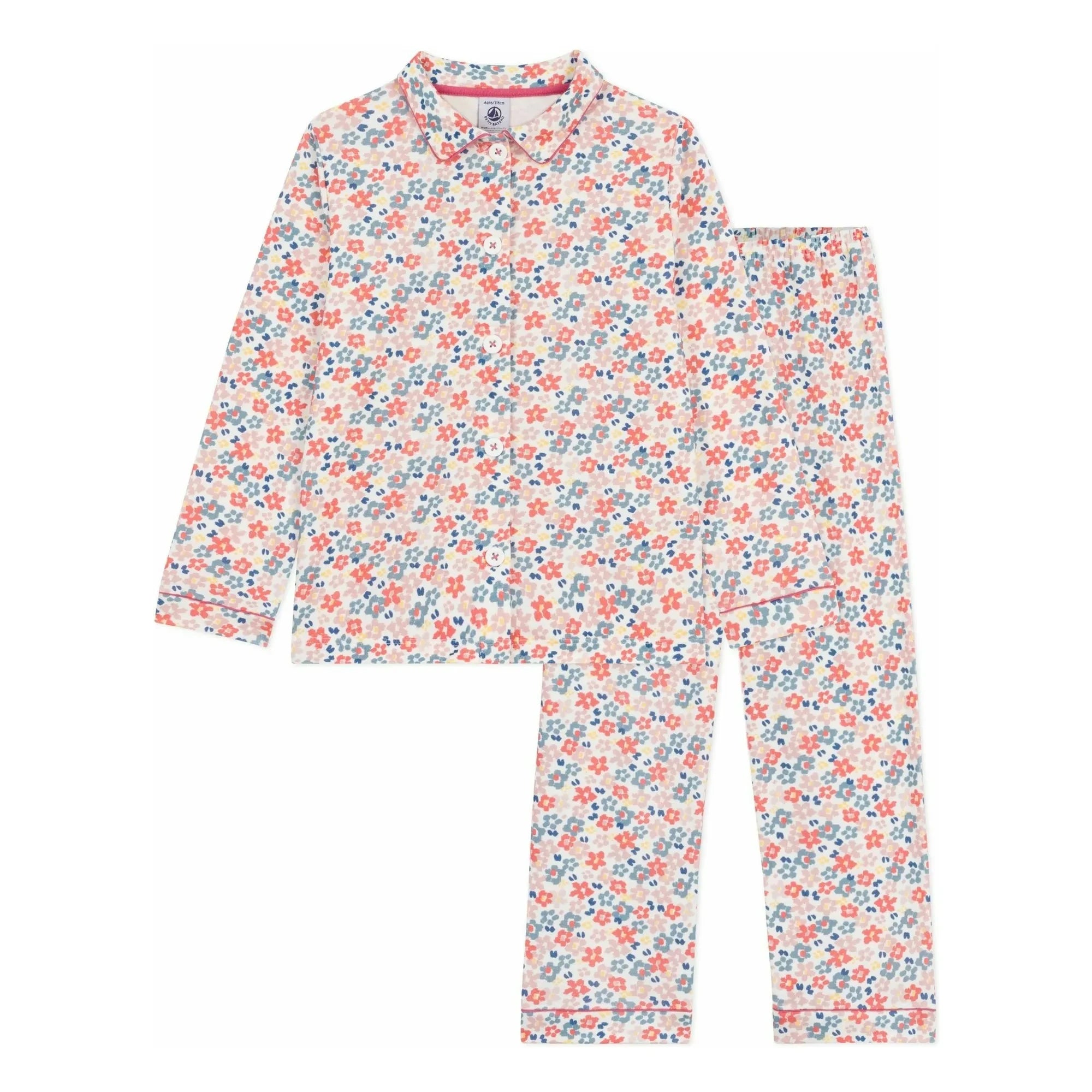 Petit Bateau - Bio-Baumwoll-Schlafanzug mit Blumenmuster: Hemd & Hose | Weiß