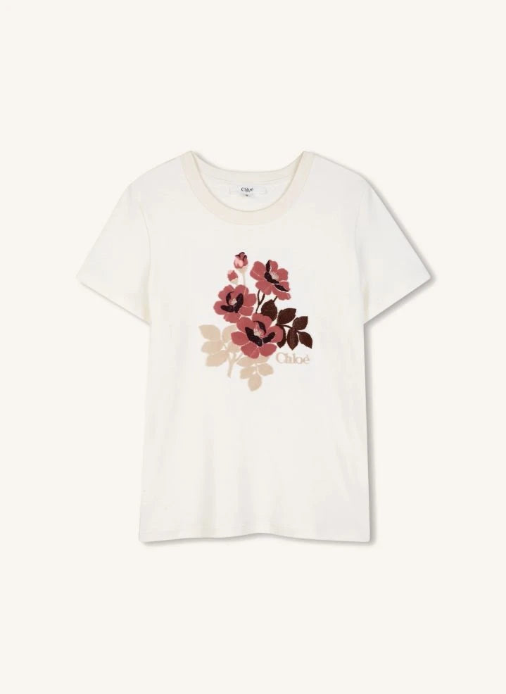 Chloé - T-Shirt aus Bio-Baumwolle mit Blumen | Chalk
