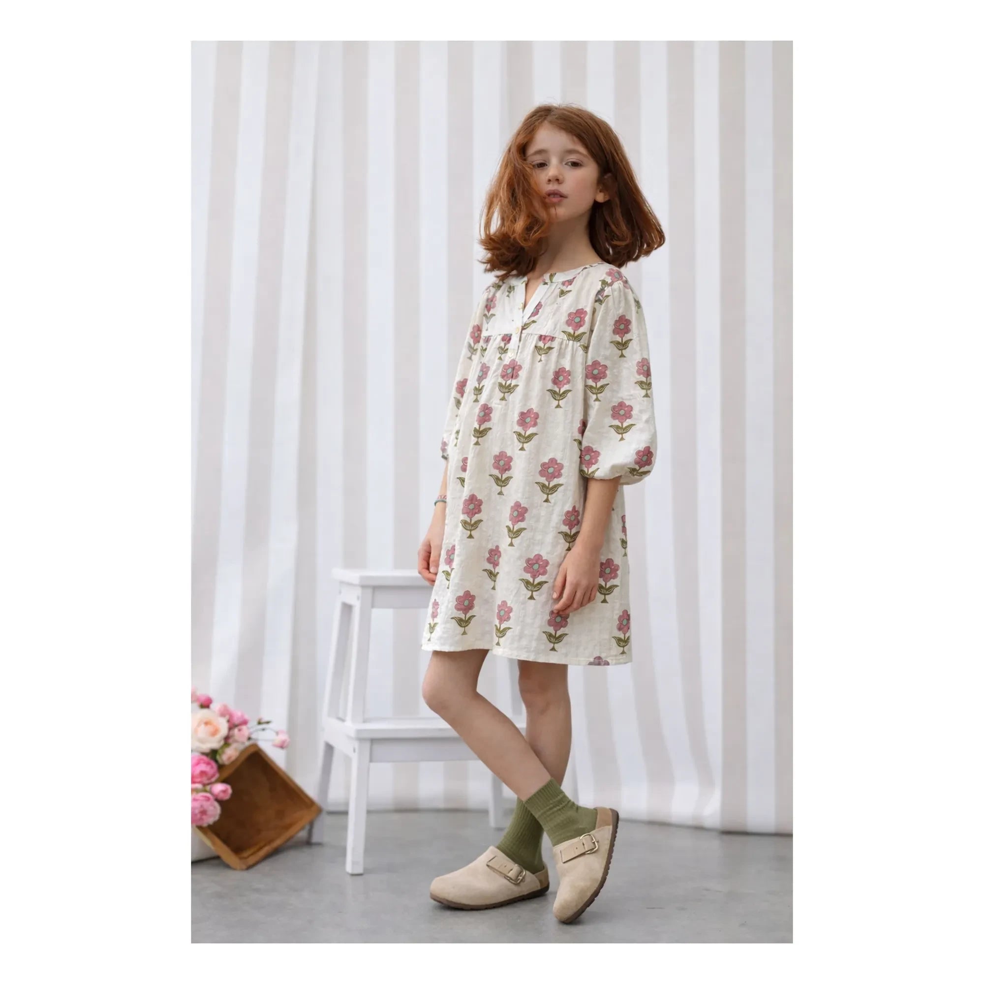 Lililotte - Romy Flowers Blumenmuster Knitter-Kleid aus Bio-Baumwolle | Ecru