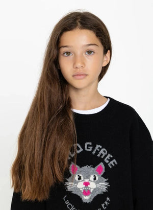 Finger in der Nase - Sally Schwarze Katze Merino Wollpullover | Schwarz