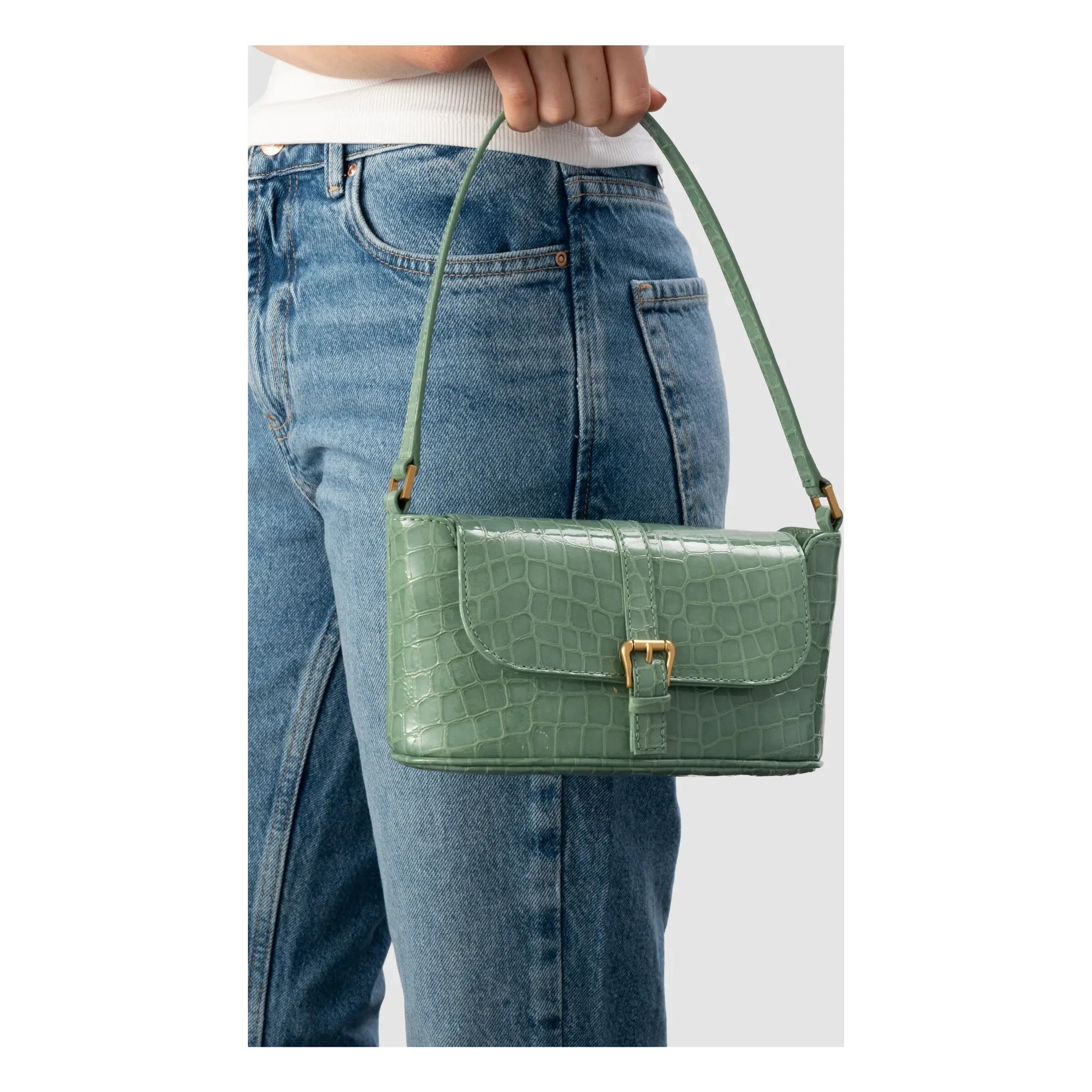 BY FAR - Miranda Baguette Kroko-Leder Tasche | Mintgrün