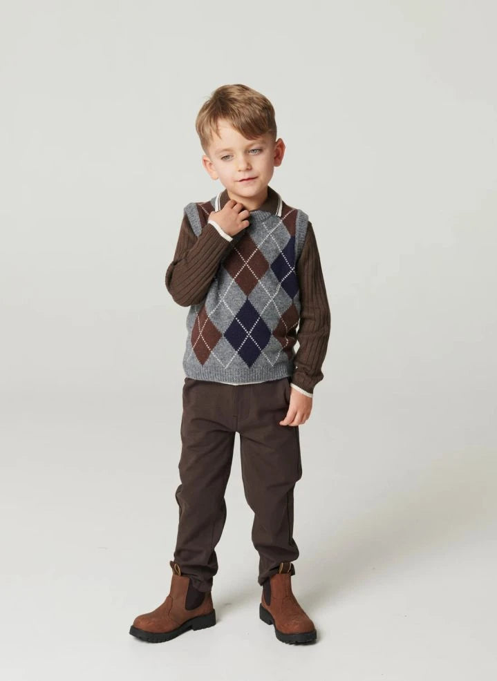 Copenhagen Colors - Grauer Argyle Ärmelloser Wollpullover