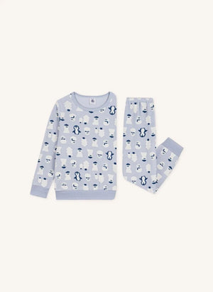 Petit Bateau - Kadife Organik Pamuk Kar Adamlı Pijama | Gri mavi