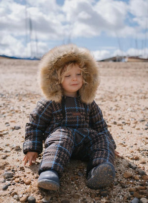 Töastie - Wasserdichter Kunstpelzteilen Kapuzen Cloud-Jacke, aus recycelten Fasern, Kariert | Blau