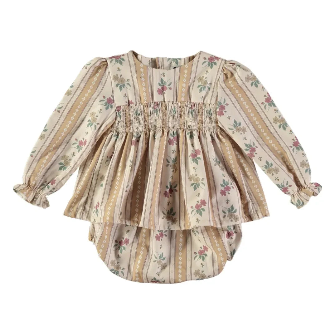 Risu Risu - Primavera Blumenmuster Bio-Baumwollbluse und Bloomer-Set | Natural