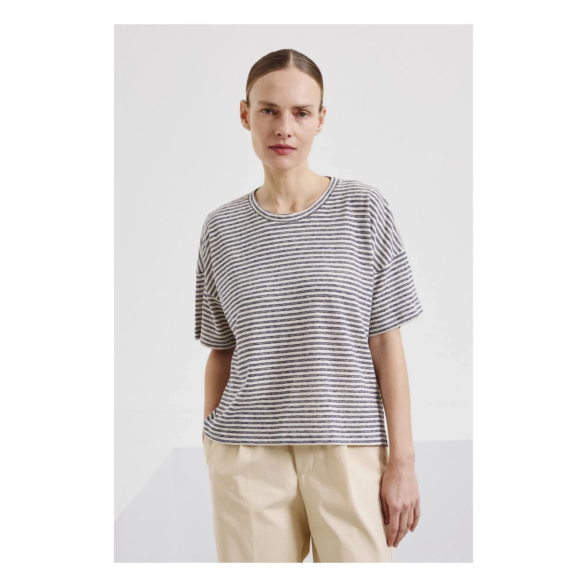 Pomandère - Gestreiftes T-Shirt aus Baumwoll-Leinen-Jersey | Nachtblau