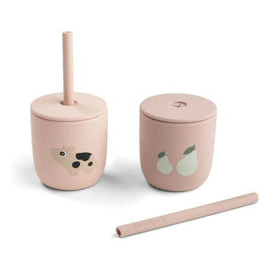 Done by deer - Tiny Farm Trinkbecher mit Strohhalm - 2er-Set | Rosa