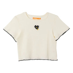 Fabula - Geripptes Blumen-T-Shirt | Weiß