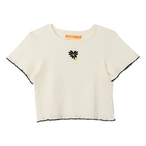 Fabula - Geripptes Blumen-T-Shirt | Weiß
