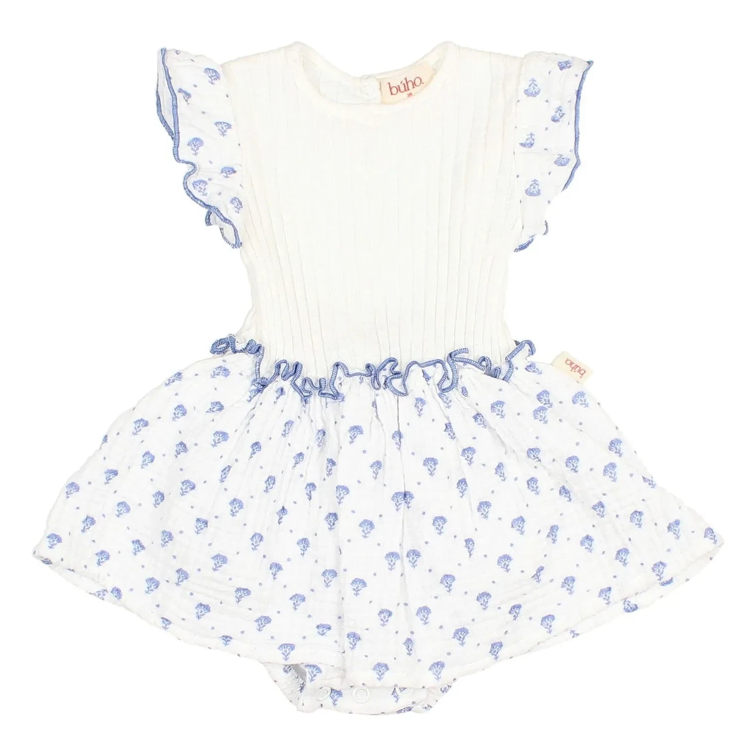 Búho - Bali Blumenmuster Bio-Baumwoll Strampler-Kleid | Indigo Blau