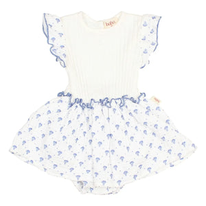 Búho - Bali Blumenmuster Bio-Baumwoll Strampler-Kleid | Indigo Blau