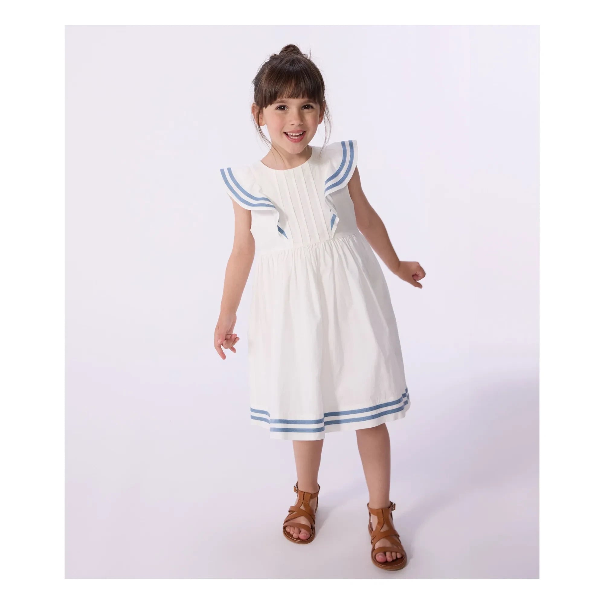 Petit Bateau - Bio-Baumwoll-Popeline-Kleid mit Rüschen | Weiß