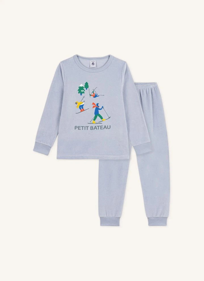 Petit Bateau - Samtiger Bio-Baumwoll-Skischlafanzug | Grau-Blau