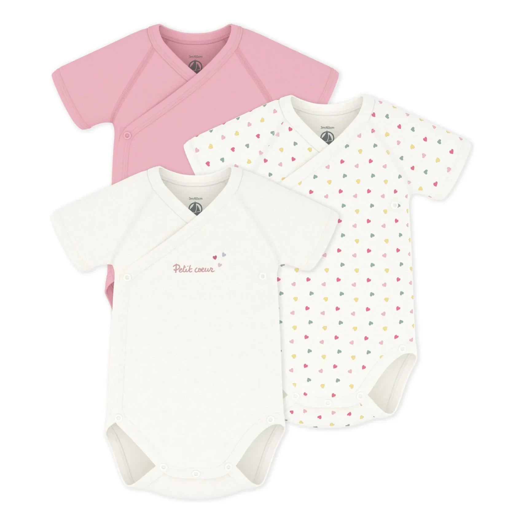 Petit Bateau - 3er-Pack Wickelbody aus Bio-Baumwolle mit kleinen Herzen | Weiß