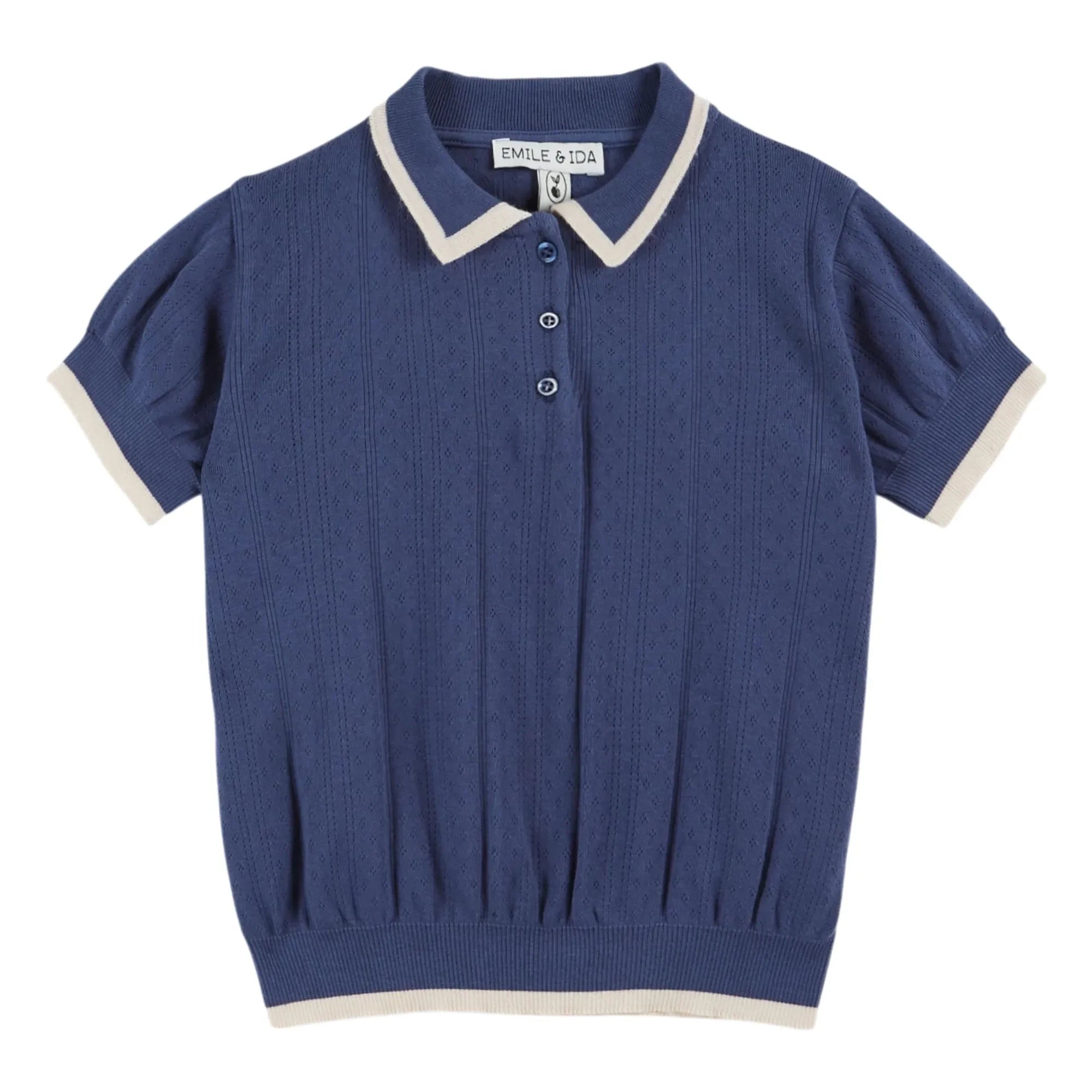Emile et Ida - Pointelle Kontrast Polo Bio-Baumwolle | Marineblau