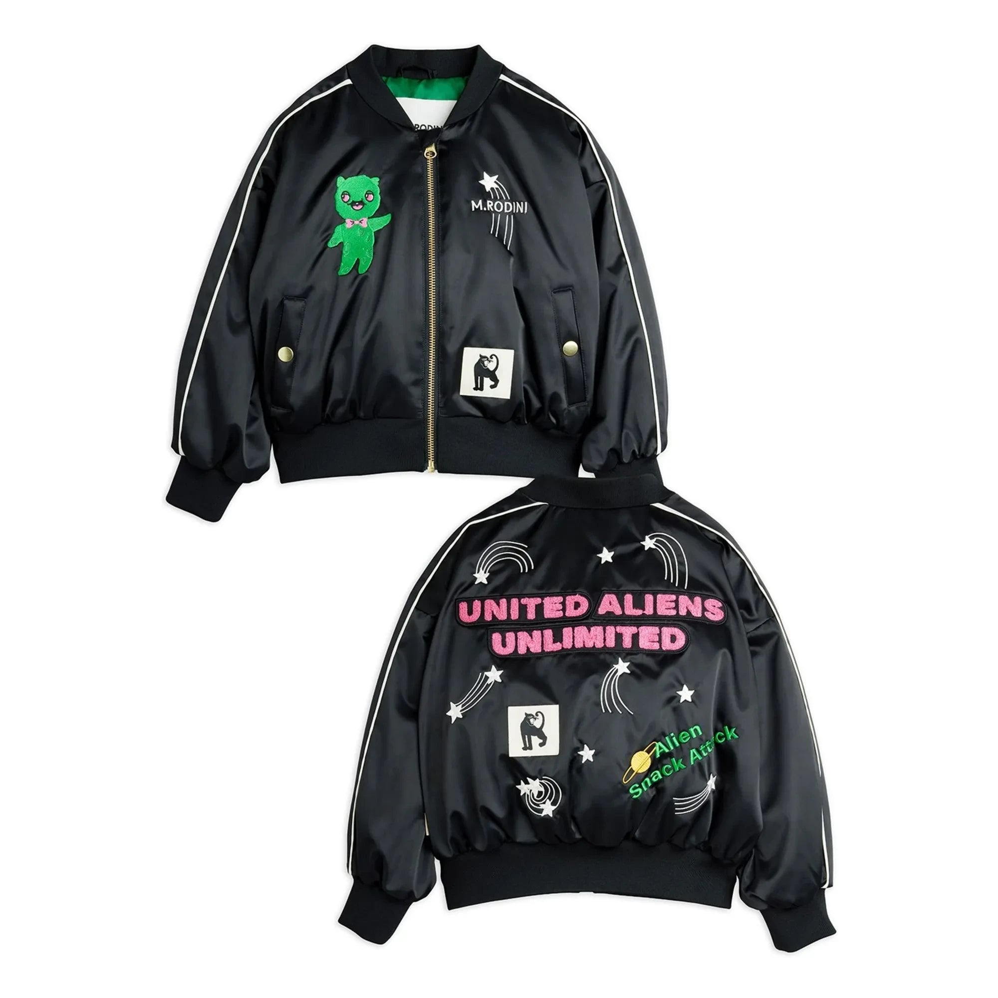 Mini Rodini - Alien Satin Recycelte Faser Baseball Jacke | Schwarz