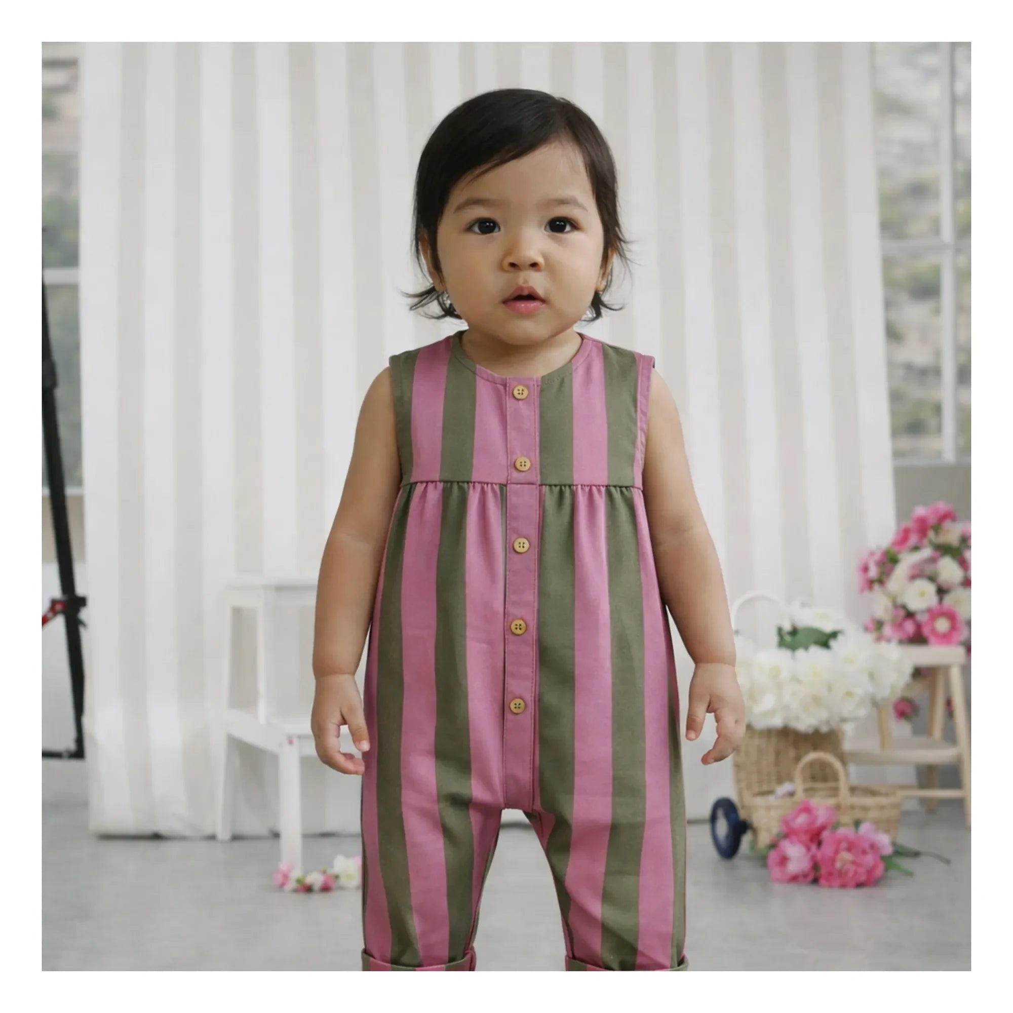 Lililotte - Gabriel Gestreifter Twill Bio-Baumwoll-Overall | Olivgrün