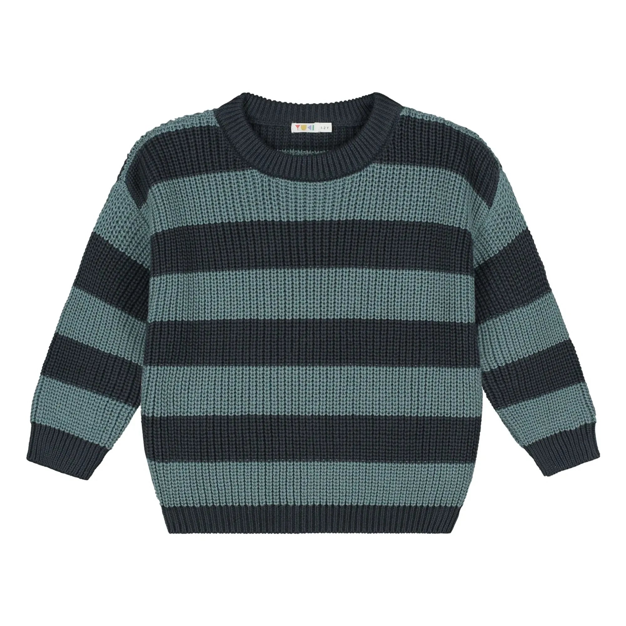 Yuki - Gestreifter Bio-Baumwollstrickpullover | Grau-Blau