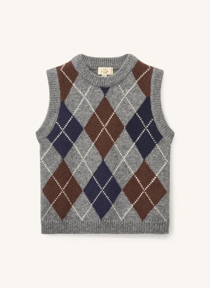 Copenhagen Colors - Grauer Argyle Ärmelloser Wollpullover
