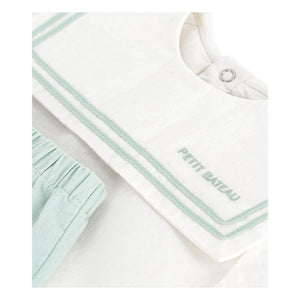 Petit Bateau - Dunkelblaues Kragen-Oberteil und Leinen-Shorts Set | Salbeigrün