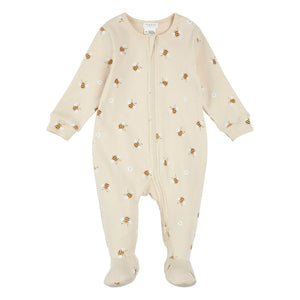 Petit Lem - Füßling Schlafanzug Geprägte Bienen Bio-Baumwolle | Beige